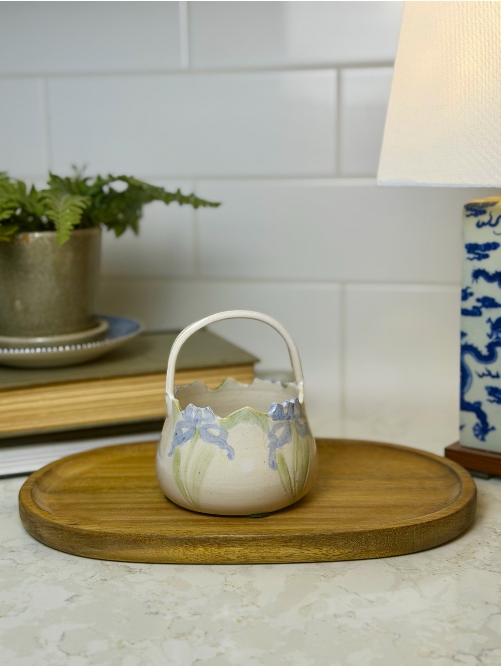 Hand-Painted Ceramic Basket with Blue Floral Motif